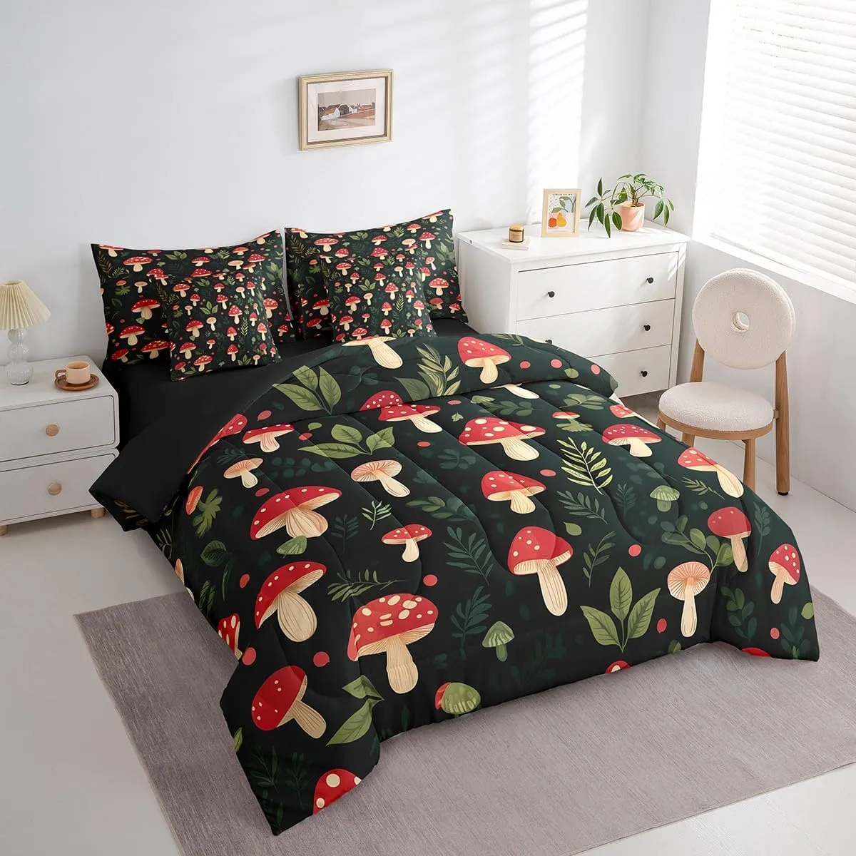 Erosebridal Kids Mushroom Queen Bedding Set 7 Piece,Kawaii Mushroom Bed Set for Boys Girls Room Decor,Botanical Plant Fungi Comforter Sets Green Leaf Bed in a Bag with Fitted Flat Sheet,Pillowcases