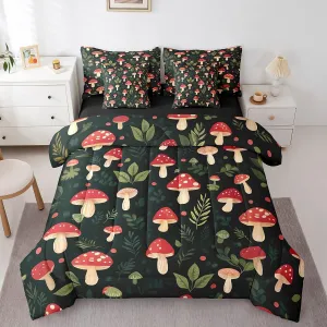 Erosebridal Kids Mushroom Queen Bedding Set 7 Piece,Kawaii Mushroom Bed Set for Boys Girls Room Decor,Botanical Plant Fungi Comforter Sets Green Leaf Bed in a Bag with Fitted Flat Sheet,Pillowcases