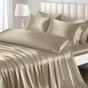Ersmak Luxury 7-Piece Silky Sand Satin Bed Sheets Set - King Size with Deep Pocket, Flat Sheet, 4 Pillowcases & Body Pillowcase
