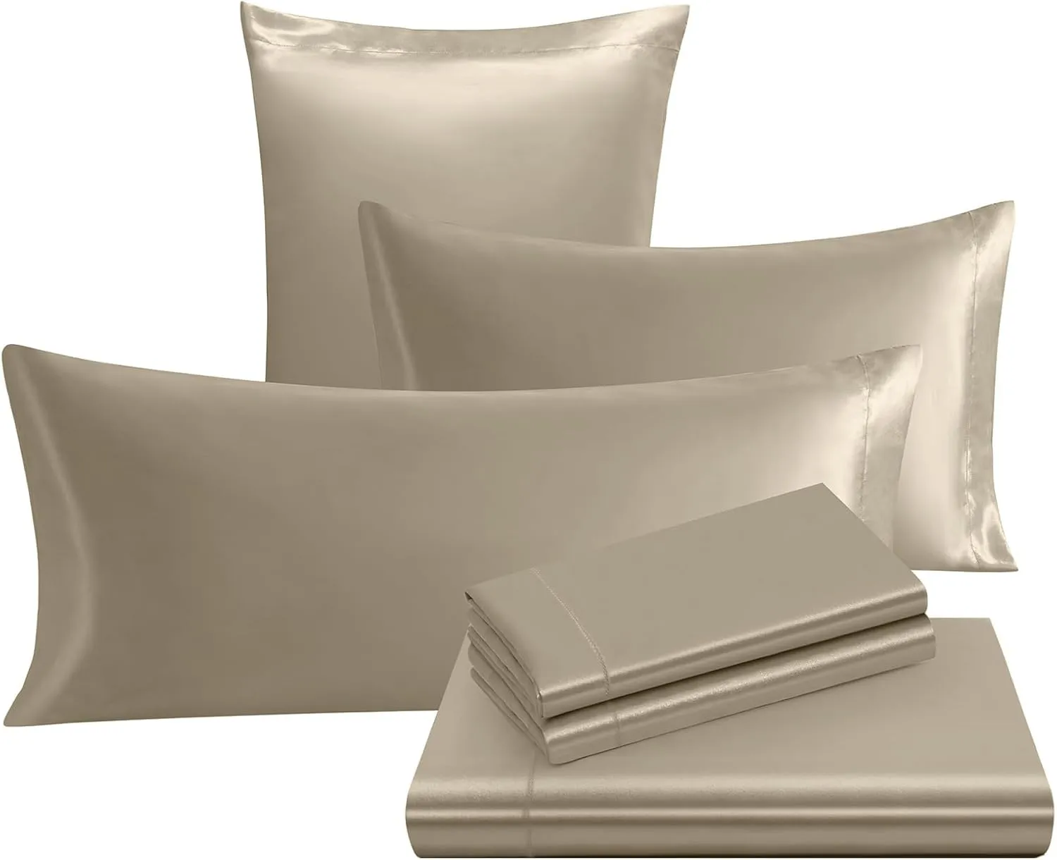 Ersmak Luxury 7-Piece Silky Sand Satin Bed Sheets Set - King Size with Deep Pocket, Flat Sheet, 4 Pillowcases & Body Pillowcase