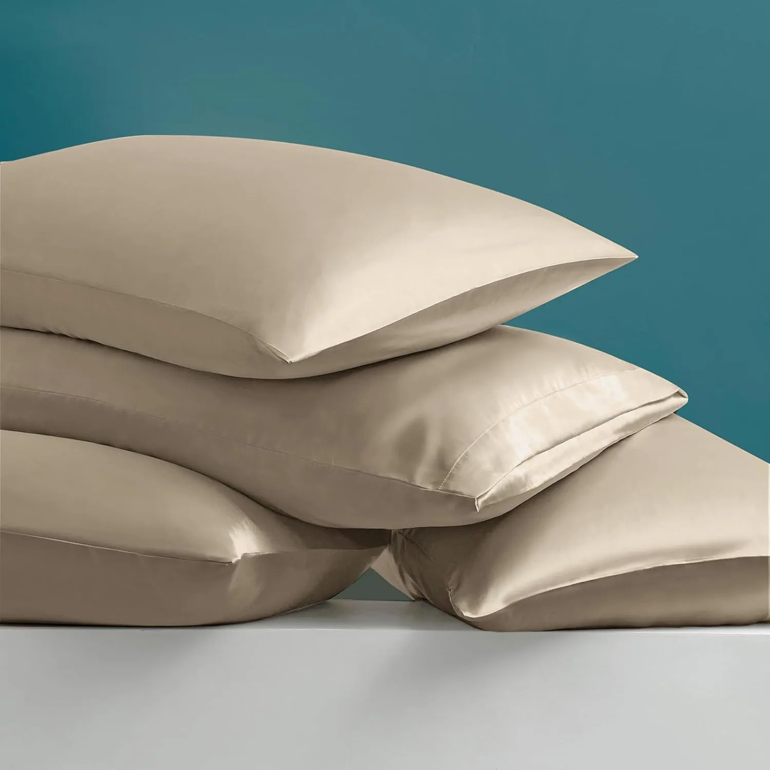 Ersmak Luxury 7-Piece Silky Sand Satin Bed Sheets Set - King Size with Deep Pocket, Flat Sheet, 4 Pillowcases & Body Pillowcase