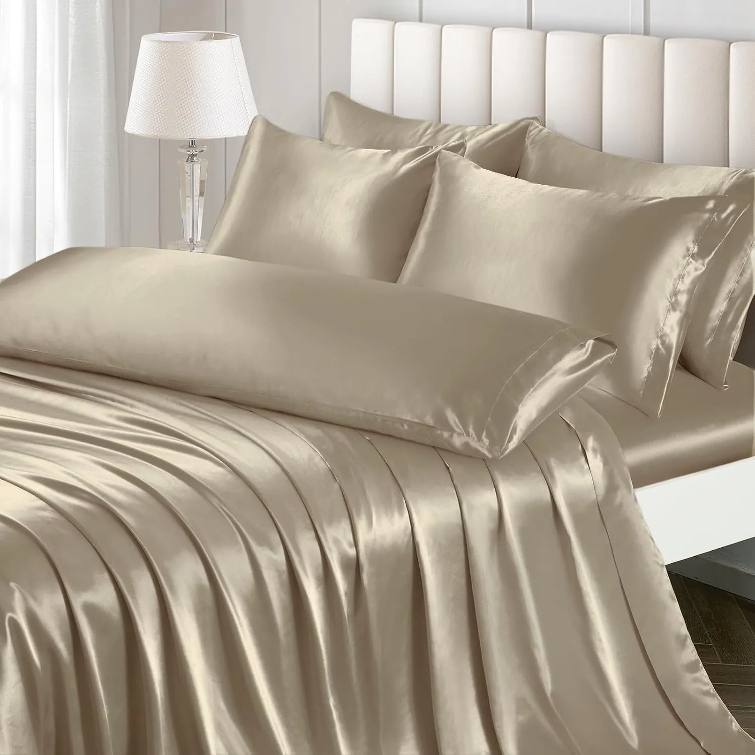 Ersmak Luxury 7-Piece Silky Sand Satin Bed Sheets Set - King Size with Deep Pocket, Flat Sheet, 4 Pillowcases & Body Pillowcase