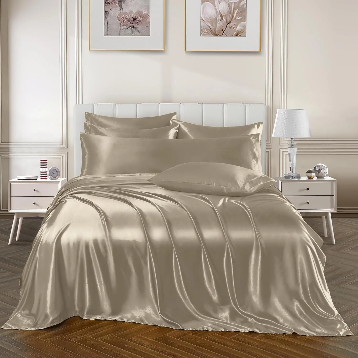 Ersmak Luxury 7-Piece Silky Sand Satin Bed Sheets Set - King Size with Deep Pocket, Flat Sheet, 4 Pillowcases & Body Pillowcase