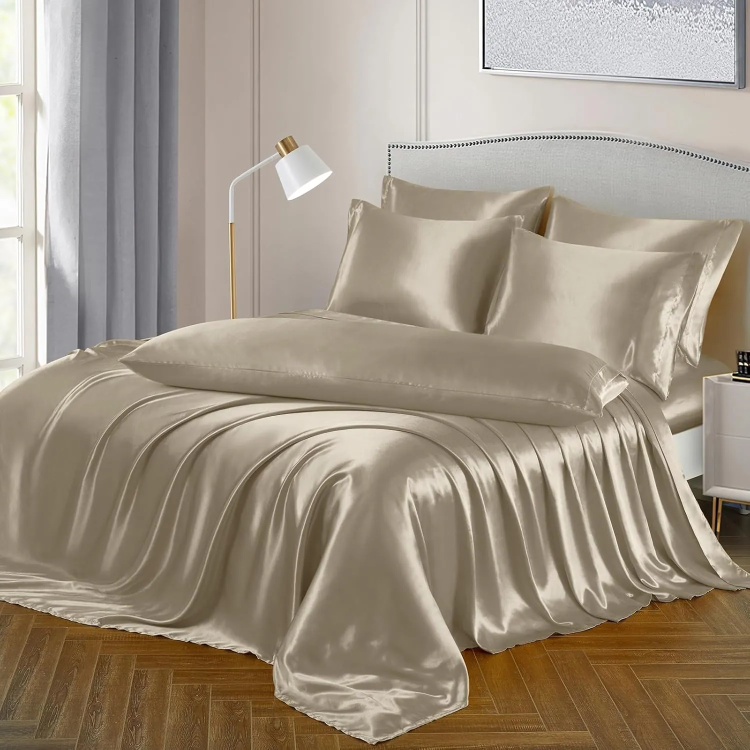 Ersmak Luxury 7-Piece Silky Sand Satin Bed Sheets Set - King Size with Deep Pocket, Flat Sheet, 4 Pillowcases & Body Pillowcase