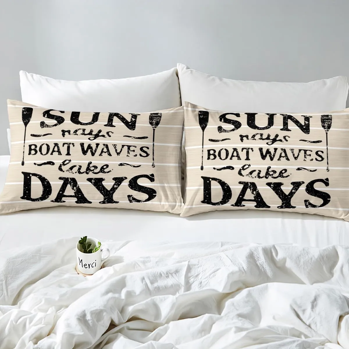 Feelyou Lake Bed Set Lake House Sheet Set for Kids Boys Girls Boat Paddle Bed Sheets Farmhouse Wooden Stripes Texture Bedding Sheets 1 Bed Sheets with 2 Pillowcases Queen Size