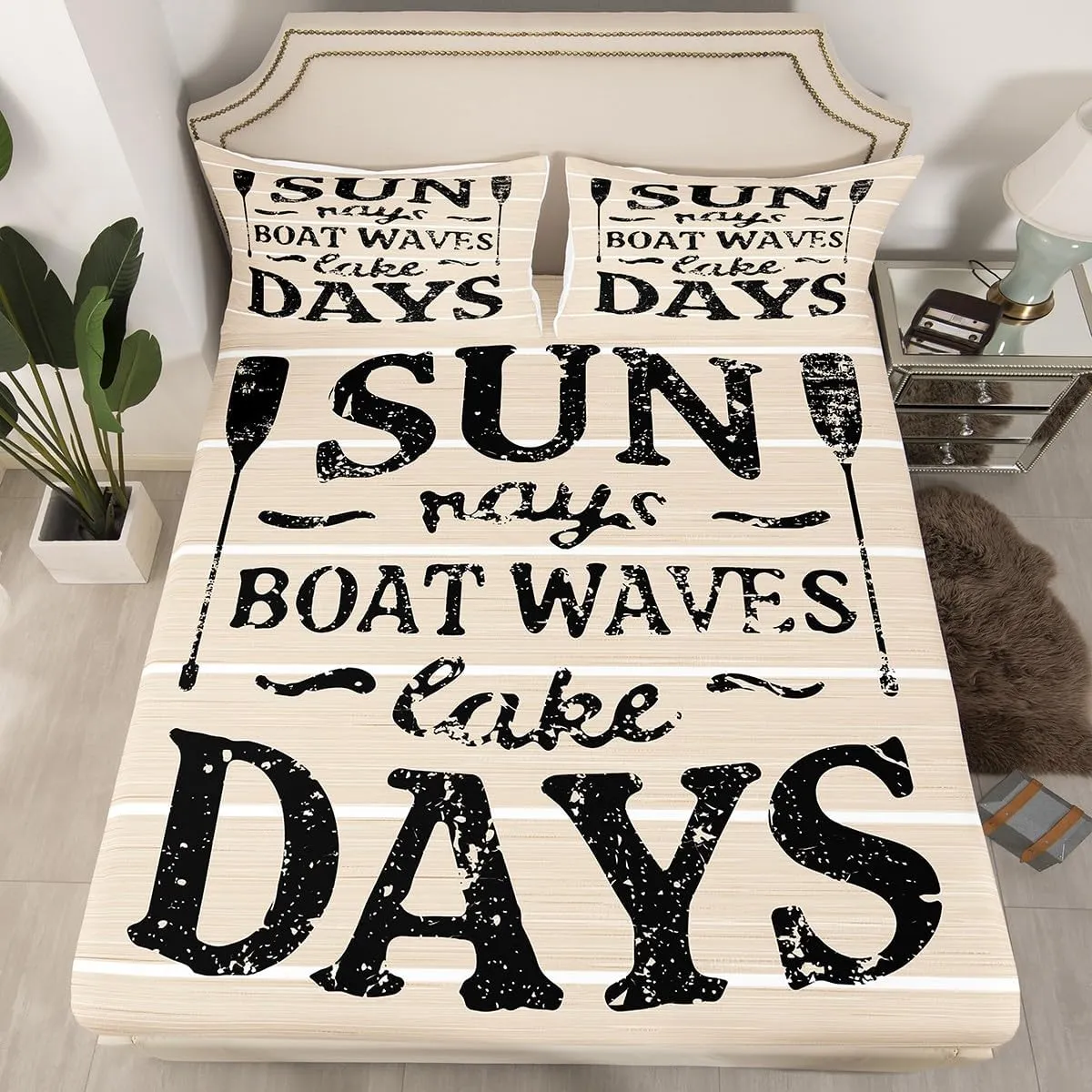 Feelyou Lake Bed Set Lake House Sheet Set for Kids Boys Girls Boat Paddle Bed Sheets Farmhouse Wooden Stripes Texture Bedding Sheets 1 Bed Sheets with 2 Pillowcases Queen Size