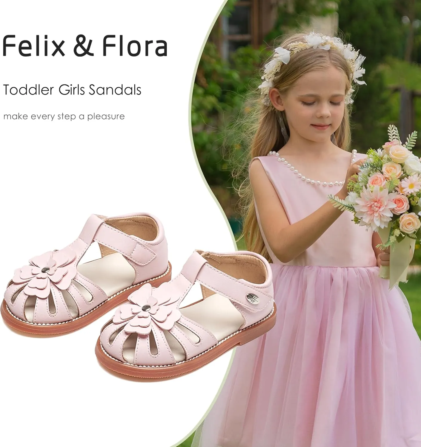 Felix & Flora Toddler Girls Sandals Flower Girl Shoes Soft Rubber Princess Summer Flat Shoes
