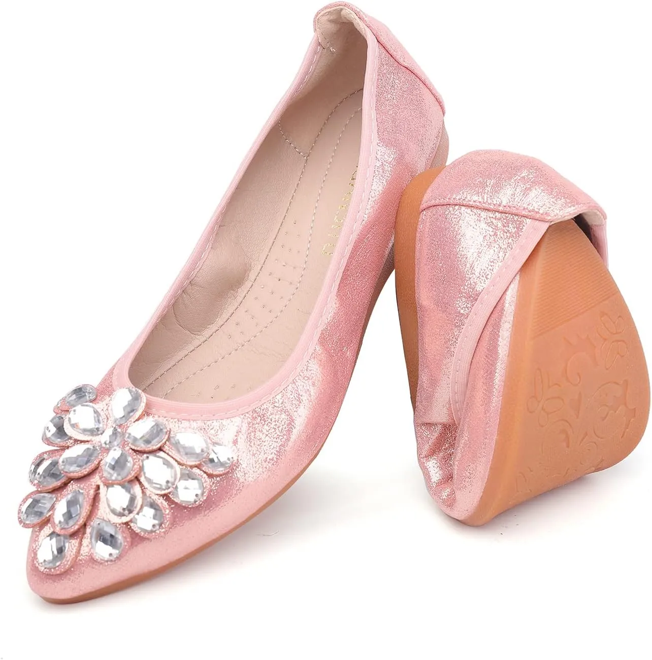 Flats Shoes for Women Rhinestone Wedding Ballerina Shoes Foldable Sparkly Comfort Slip on Flat Dressy Flats