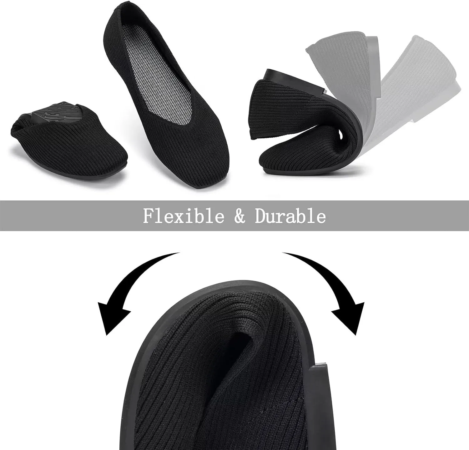Frank Mully Womens Casual Flat Shoes Square Toe Shoes Knitted Work Flat Comfort Dressy Flat Shoes for Daily Washable