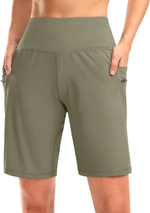G Gradual Women's High Waisted 9" Bermuda Shorts with Zipper Pockets Athletic Workout Long Shorts for Women Knee Length