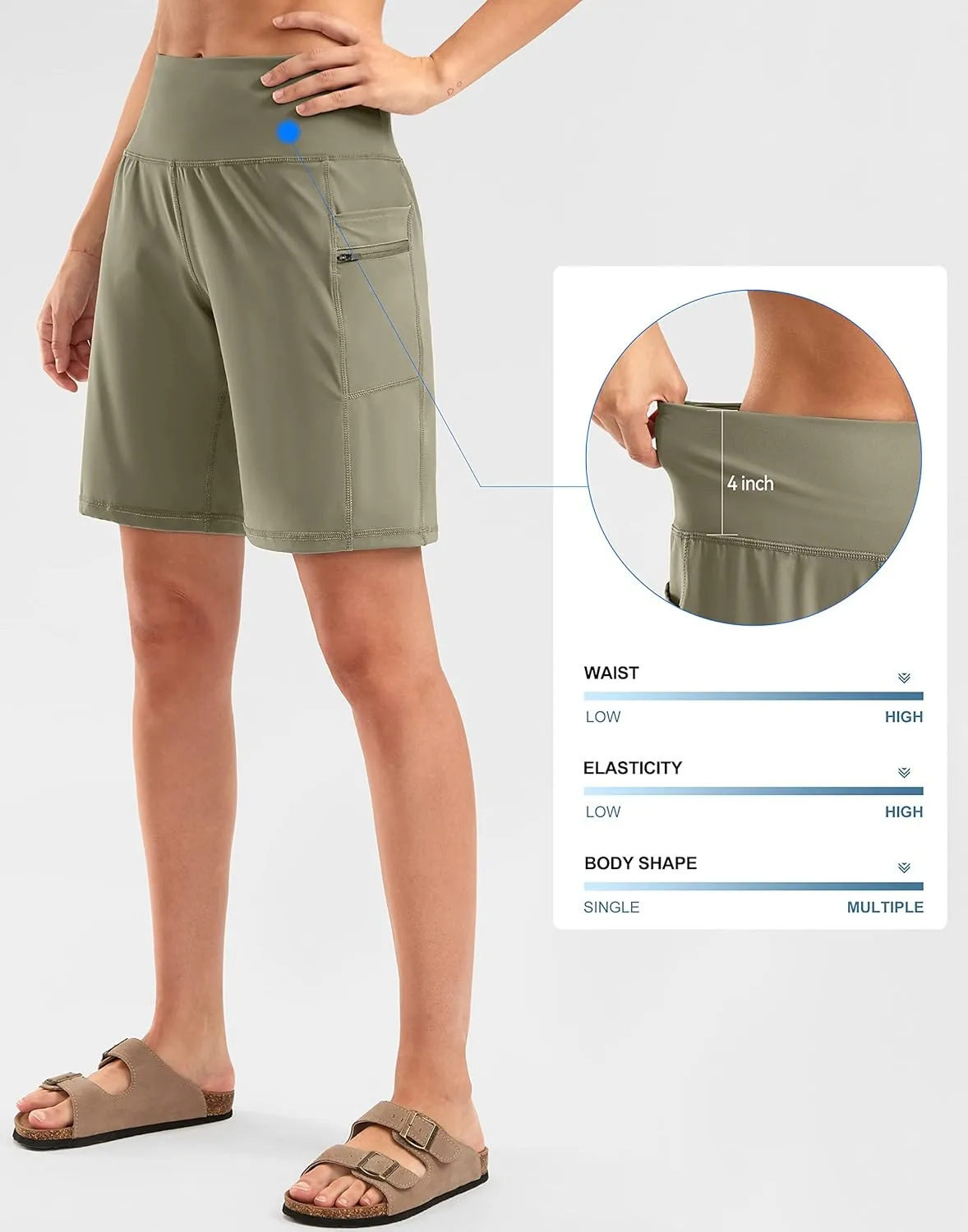 G Gradual Women's High Waisted 9" Bermuda Shorts with Zipper Pockets Athletic Workout Long Shorts for Women Knee Length
