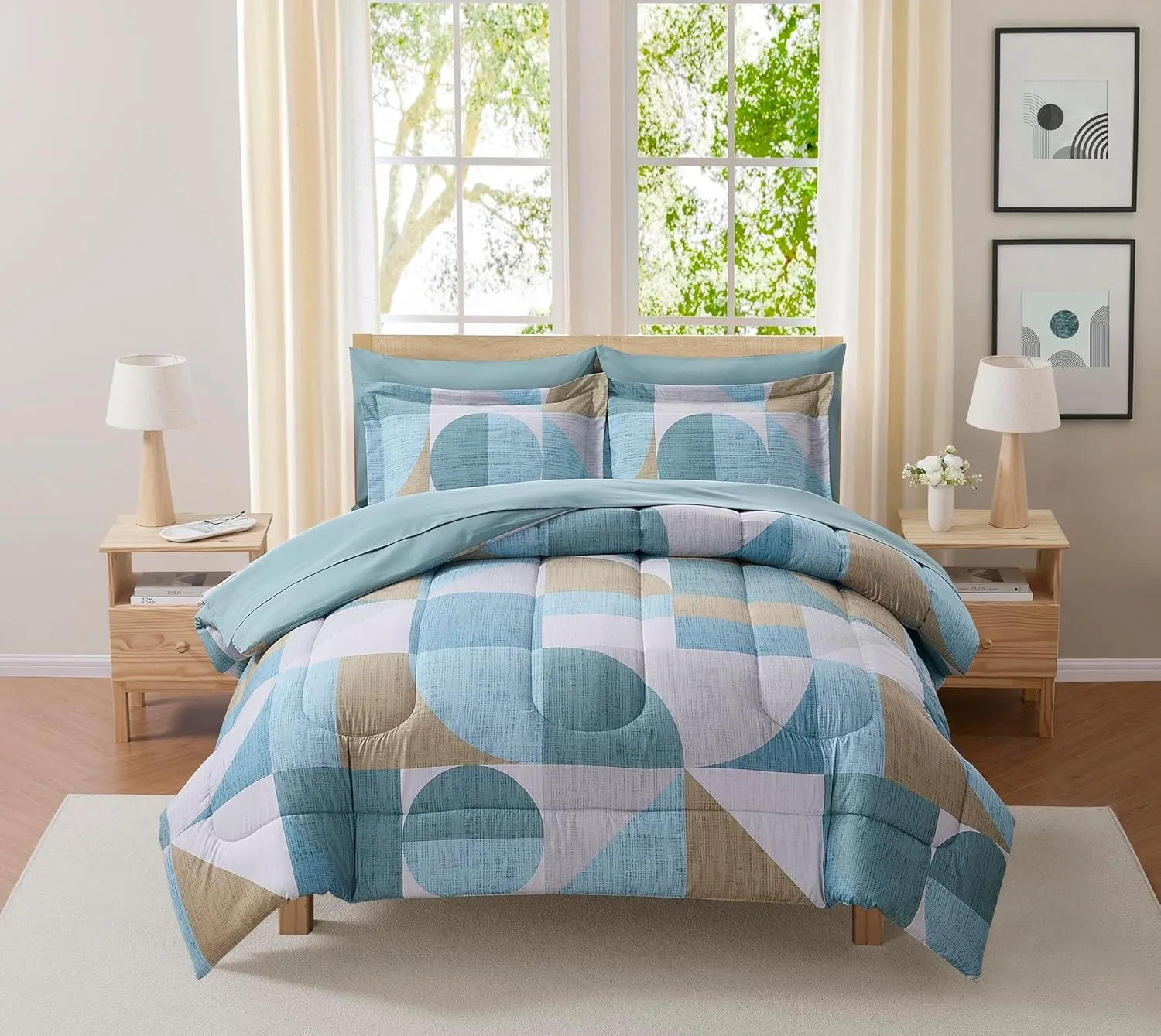 Geometric Comforter Set Queen with Sheets Bed in a Bag – Deep Pocket Fitted Sheet with Elastic Corners, Cozy Comforter, Pillowcases & Shams – Soft Microfiber All Season Bedding – Machine Washable