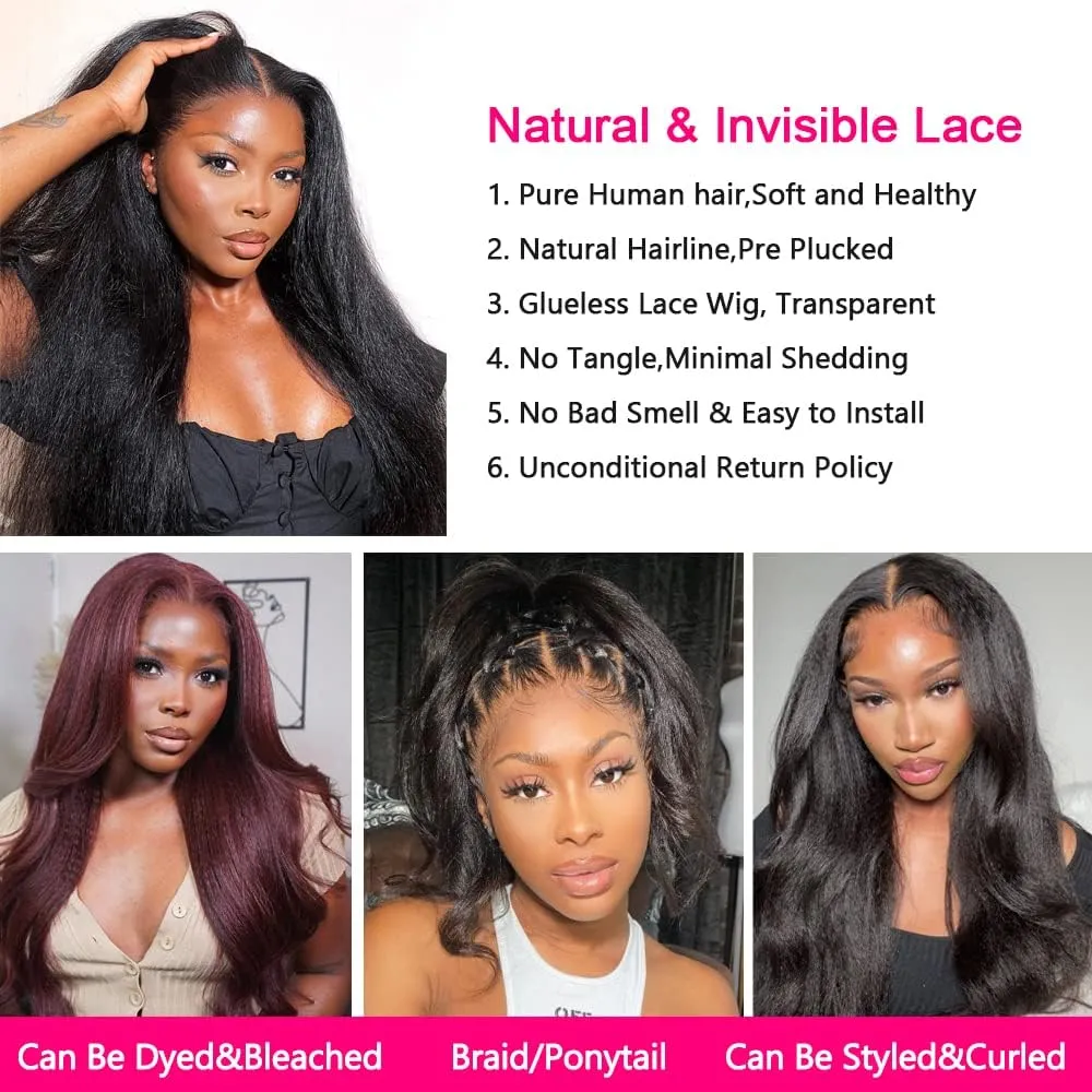 GOLFMAX 18 Inch Yaki Straight Lace Front Wigs Human Hair 13x4 Transparent HD Lace Front Wig Kinky Straight Human Hair Wigs For Black Women Pre Plucked kinkycurly wig human hair