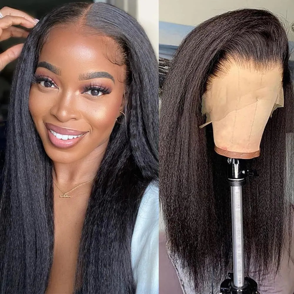 GOLFMAX 18 Inch Yaki Straight Lace Front Wigs Human Hair 13x4 Transparent HD Lace Front Wig Kinky Straight Human Hair Wigs For Black Women Pre Plucked kinkycurly wig human hair