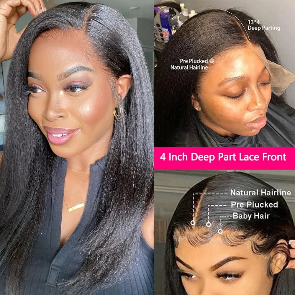 GOLFMAX 18 Inch Yaki Straight Lace Front Wigs Human Hair 13x4 Transparent HD Lace Front Wig Kinky Straight Human Hair Wigs For Black Women Pre Plucked kinkycurly wig human hair