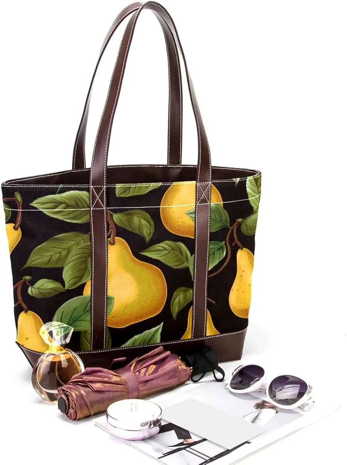 Green Leaves and Yellow Pears-1959 Shoulder Purses for Women Large Soft Washed Leather Purses and Durable Handbags