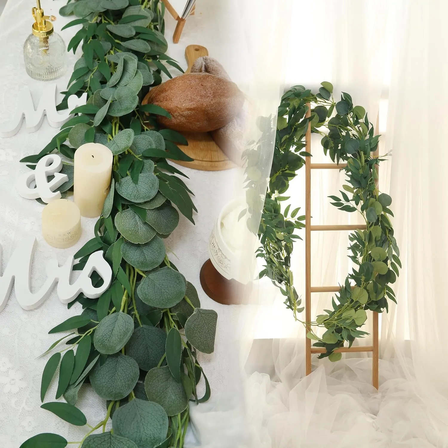 Greentime 2 Pack Greenery Garland 6.5 Feet Artificial Eucalyptus Garland with Willow Leaves for Wedding Table Runner Bridal Baby Shower Decor