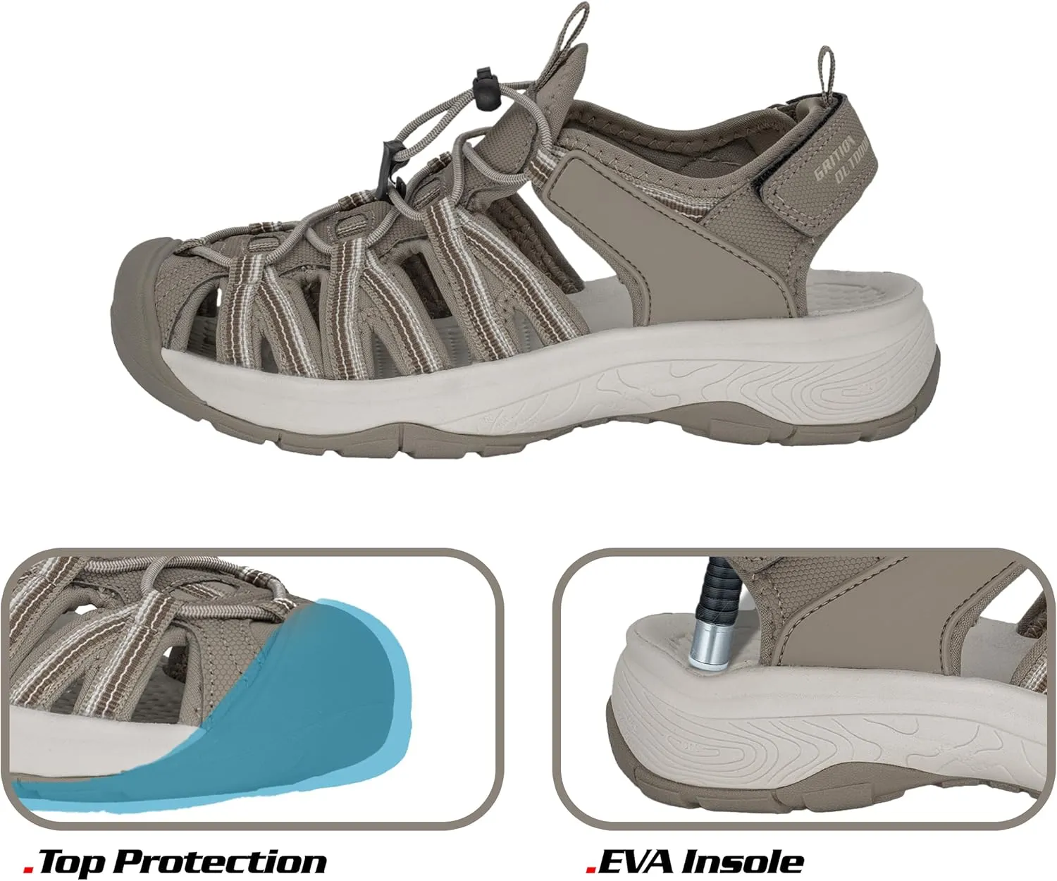 GRITION Hiking Sandals Women Closed Toe, Waterproof Lightweight Adjustable Hiking Athletic Sandals, Breathable For Beach Summer Adventure Comfortable Outdoor Sport