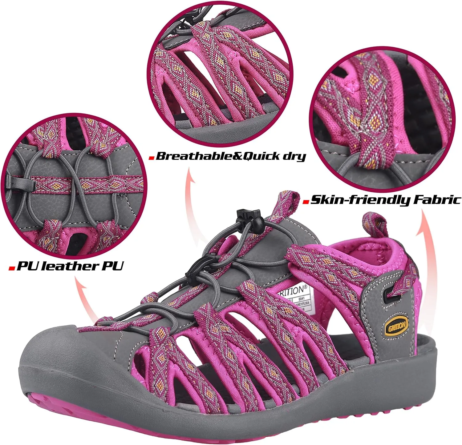 GRITION Hiking Sandals Women Closed Toe, Waterproof Lightweight Adjustable Hiking Athletic Sandals, Breathable For Beach Summer Adventure Comfortable Outdoor Sport