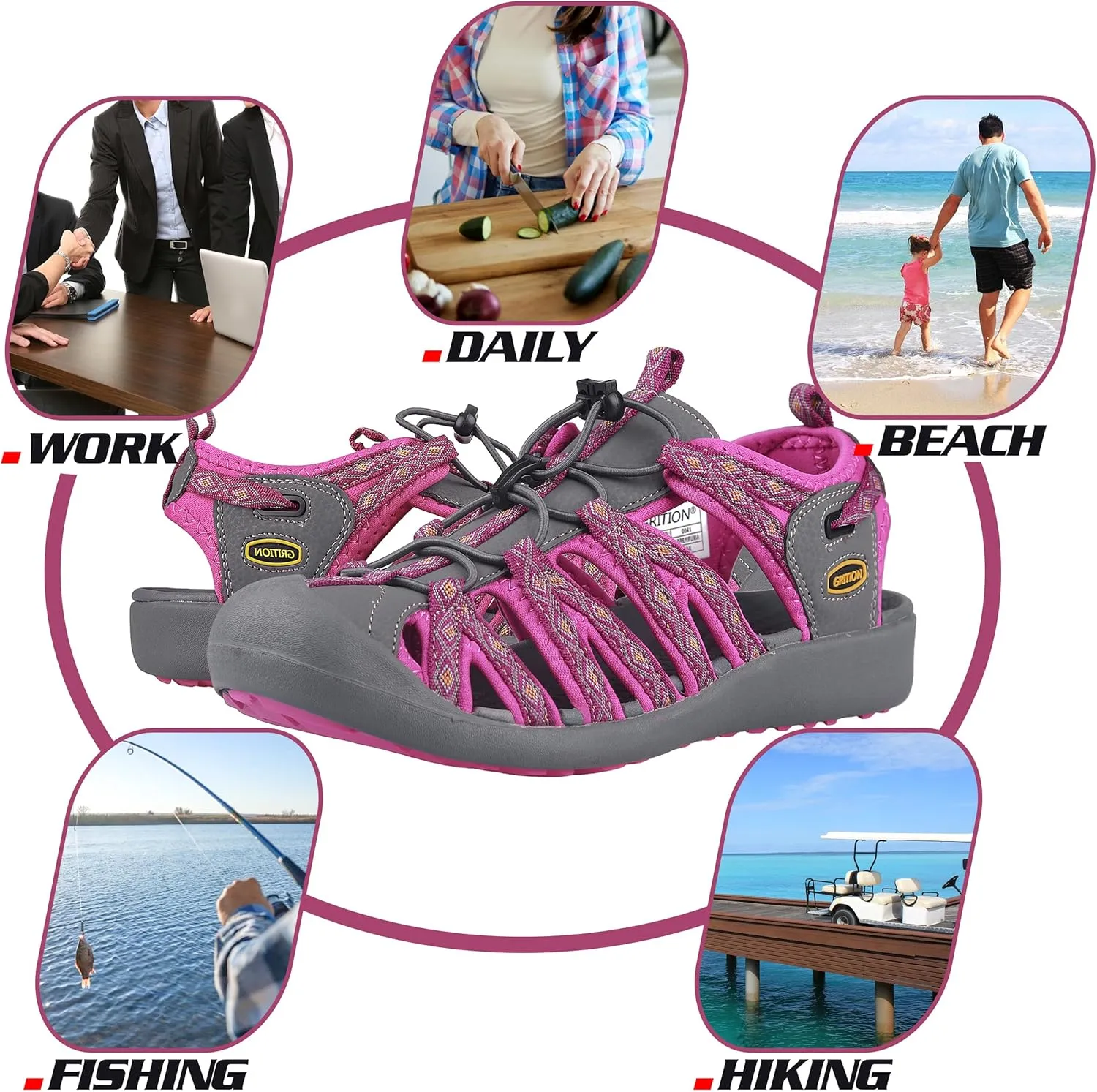 GRITION Hiking Sandals Women Closed Toe, Waterproof Lightweight Adjustable Hiking Athletic Sandals, Breathable For Beach Summer Adventure Comfortable Outdoor Sport