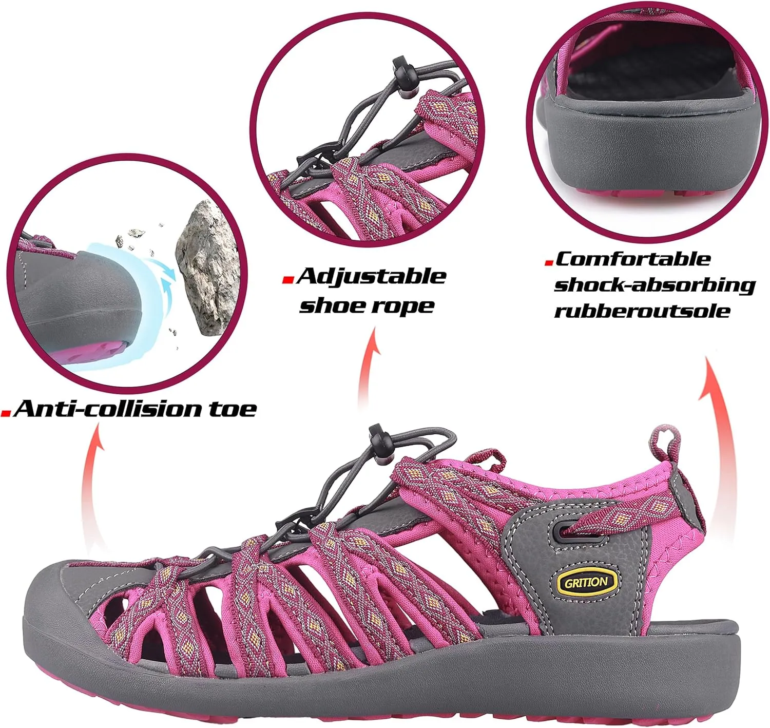 GRITION Hiking Sandals Women Closed Toe, Waterproof Lightweight Adjustable Hiking Athletic Sandals, Breathable For Beach Summer Adventure Comfortable Outdoor Sport