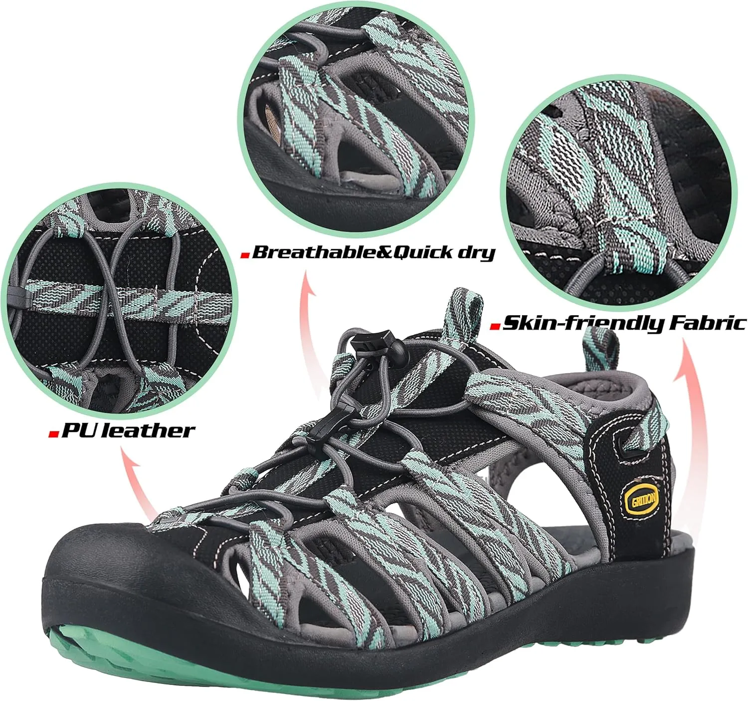 GRITION Hiking Sandals Women Closed Toe, Waterproof Lightweight Adjustable Hiking Athletic Sandals, Breathable For Beach Summer Adventure Comfortable Outdoor Sport
