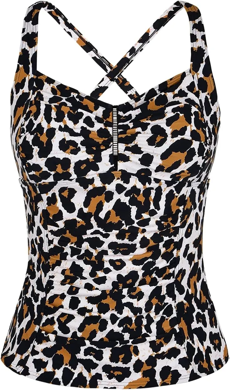 Hilor Women's Tankini Tops Shirred Tummy Control Swimsuits Cross Back Tankini Swimwear Tops