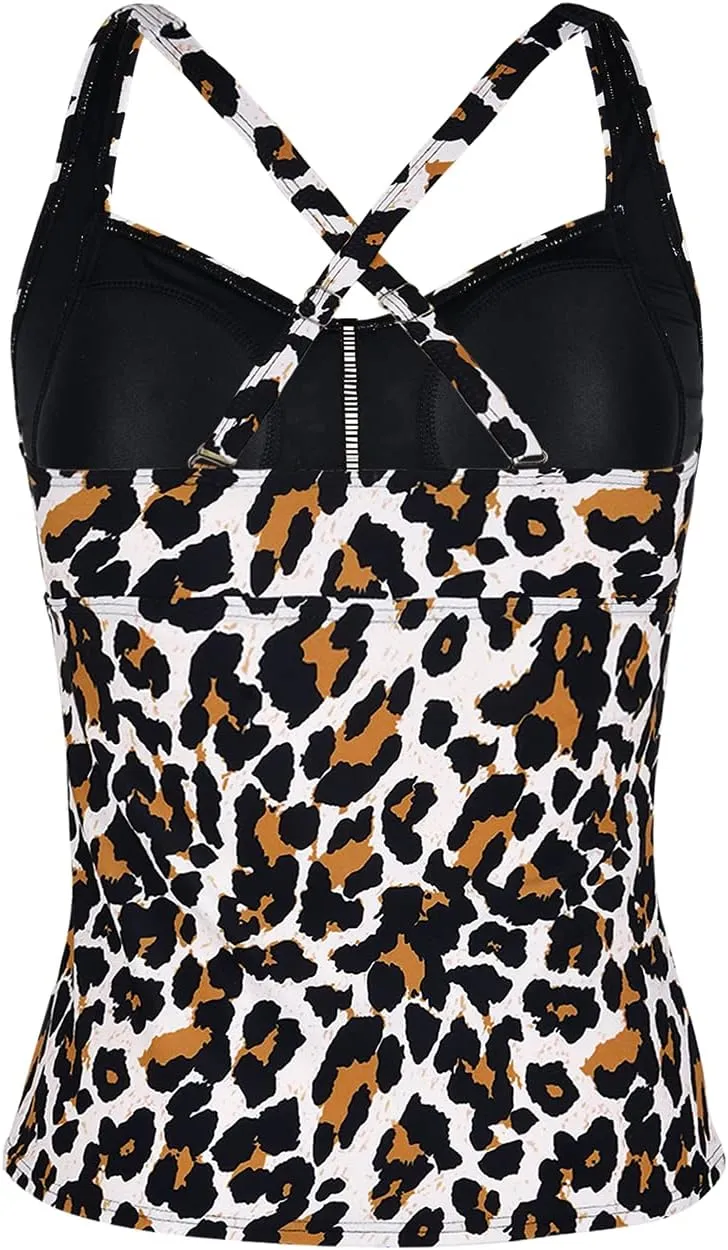 Hilor Women's Tankini Tops Shirred Tummy Control Swimsuits Cross Back Tankini Swimwear Tops