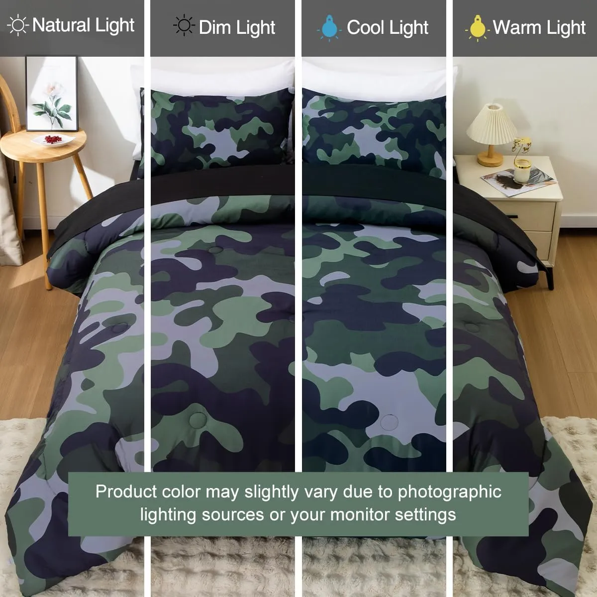 Holawakaka Twin Size Camouflage Bedding Comforter Set with Sheets,Boys Girls Men Camo Bed in A Bag 5 Pieces,Kids Teens Dorm Bed Sets Neutral Farmhouse Lodge Cabin Army Bedspread (Dark Green,Twin)
