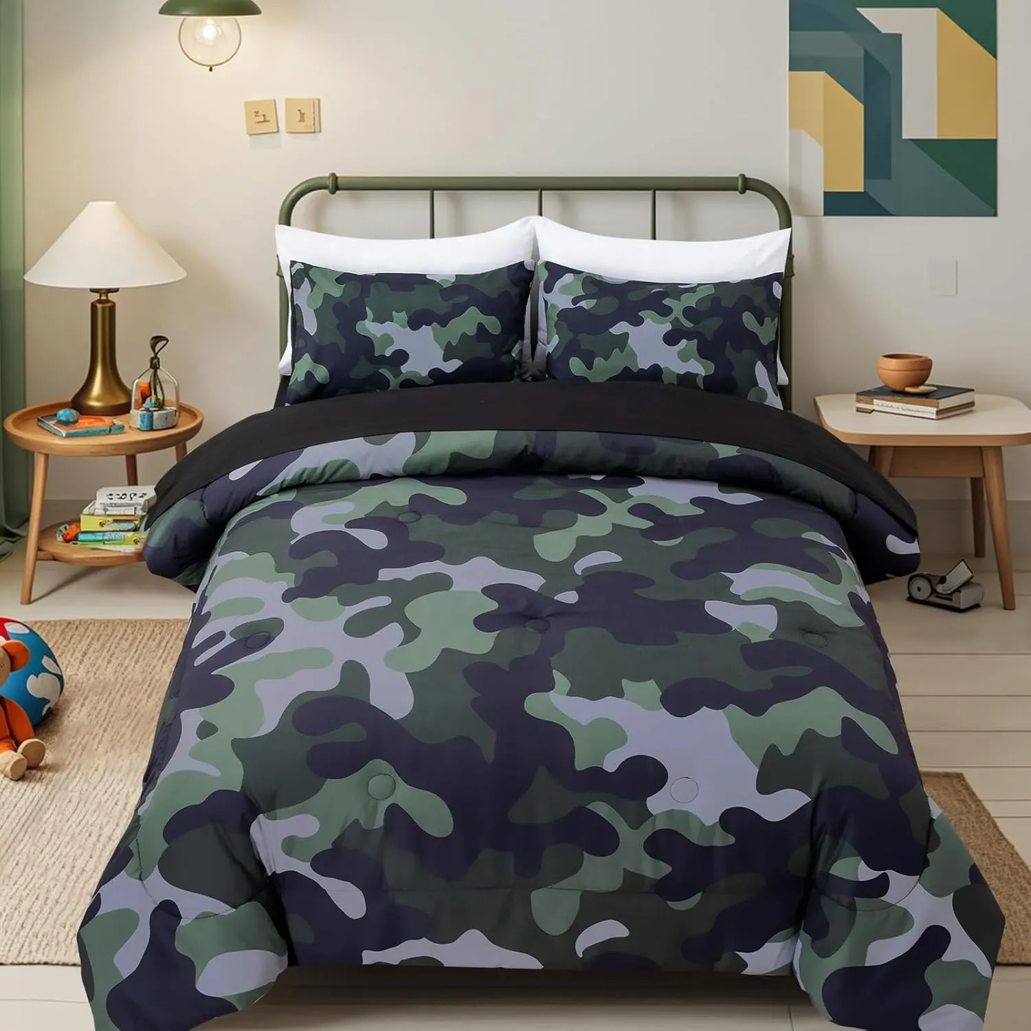 Holawakaka Twin Size Camouflage Bedding Comforter Set with Sheets,Boys Girls Men Camo Bed in A Bag 5 Pieces,Kids Teens Dorm Bed Sets Neutral Farmhouse Lodge Cabin Army Bedspread (Dark Green,Twin)