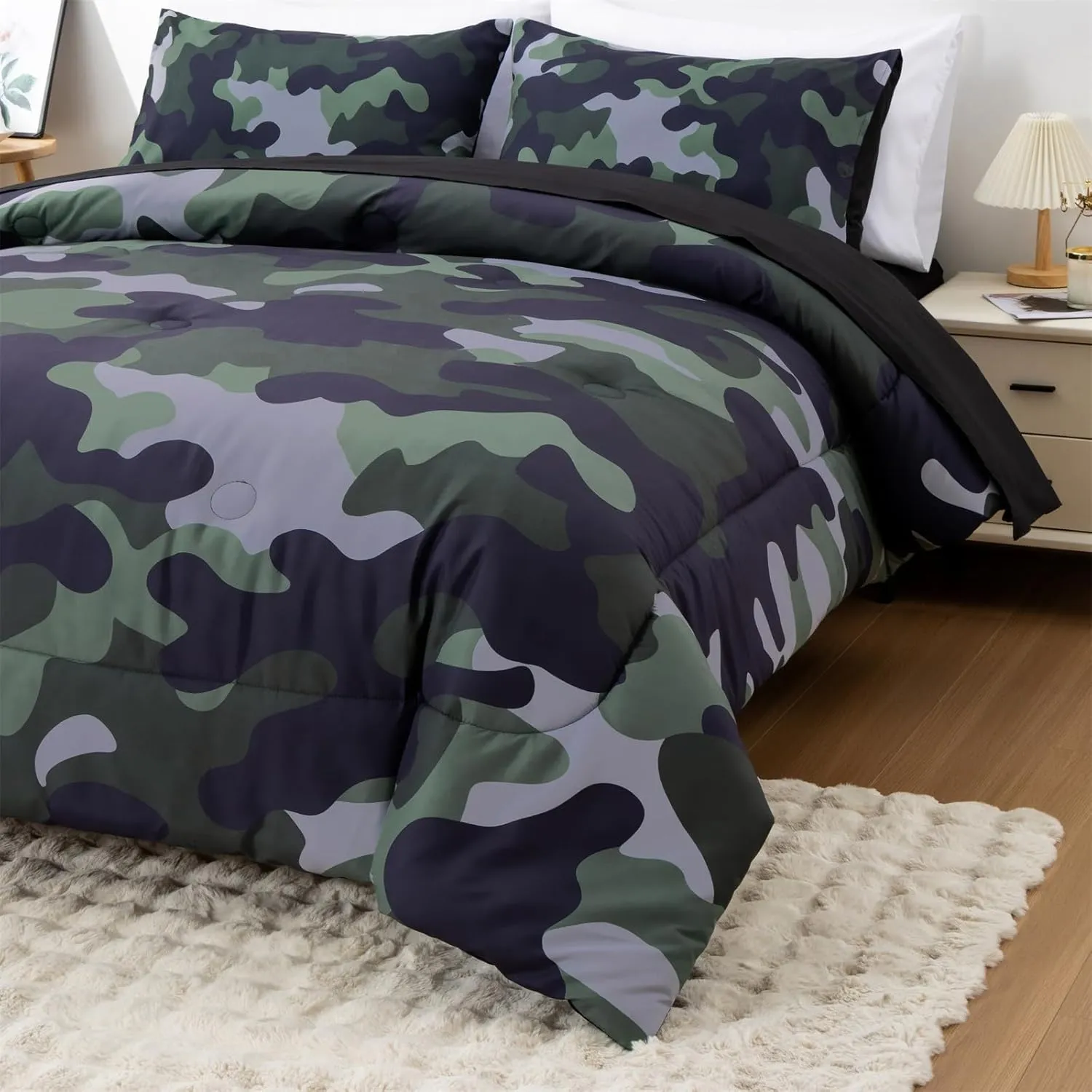 Holawakaka Twin Size Camouflage Bedding Comforter Set with Sheets,Boys Girls Men Camo Bed in A Bag 5 Pieces,Kids Teens Dorm Bed Sets Neutral Farmhouse Lodge Cabin Army Bedspread (Dark Green,Twin)