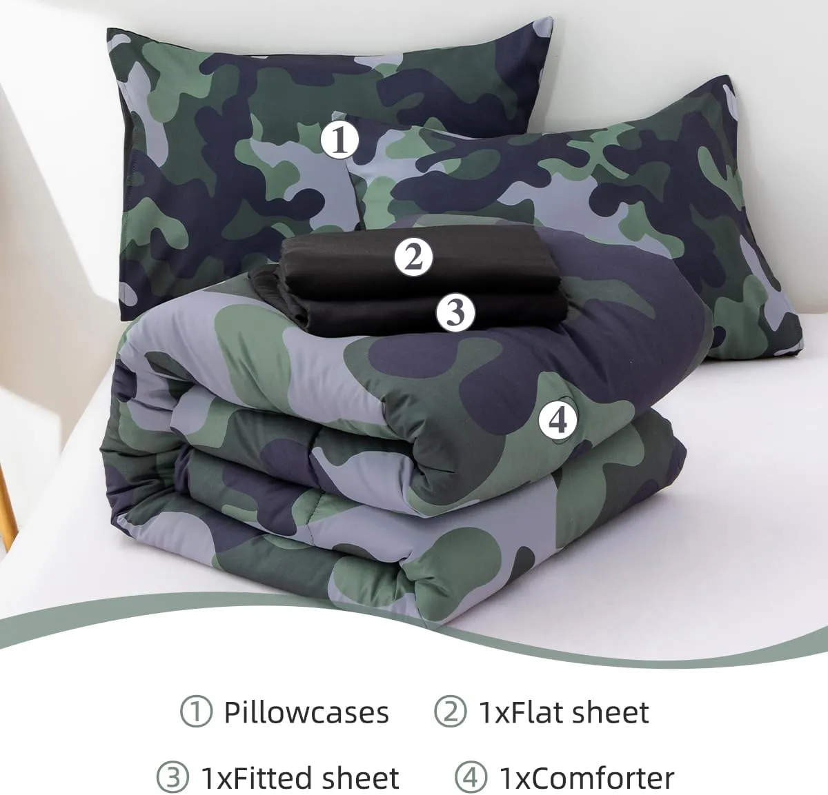 Holawakaka Twin Size Camouflage Bedding Comforter Set with Sheets,Boys Girls Men Camo Bed in A Bag 5 Pieces,Kids Teens Dorm Bed Sets Neutral Farmhouse Lodge Cabin Army Bedspread (Dark Green,Twin)