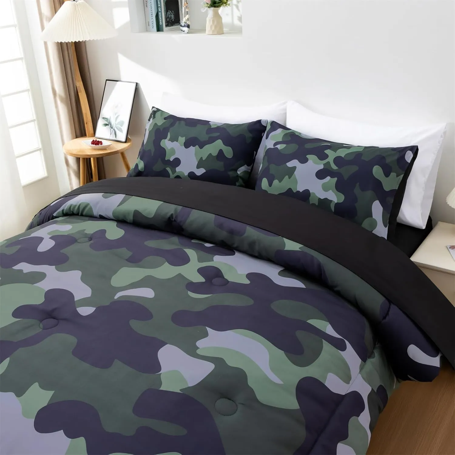 Holawakaka Twin Size Camouflage Bedding Comforter Set with Sheets,Boys Girls Men Camo Bed in A Bag 5 Pieces,Kids Teens Dorm Bed Sets Neutral Farmhouse Lodge Cabin Army Bedspread (Dark Green,Twin)