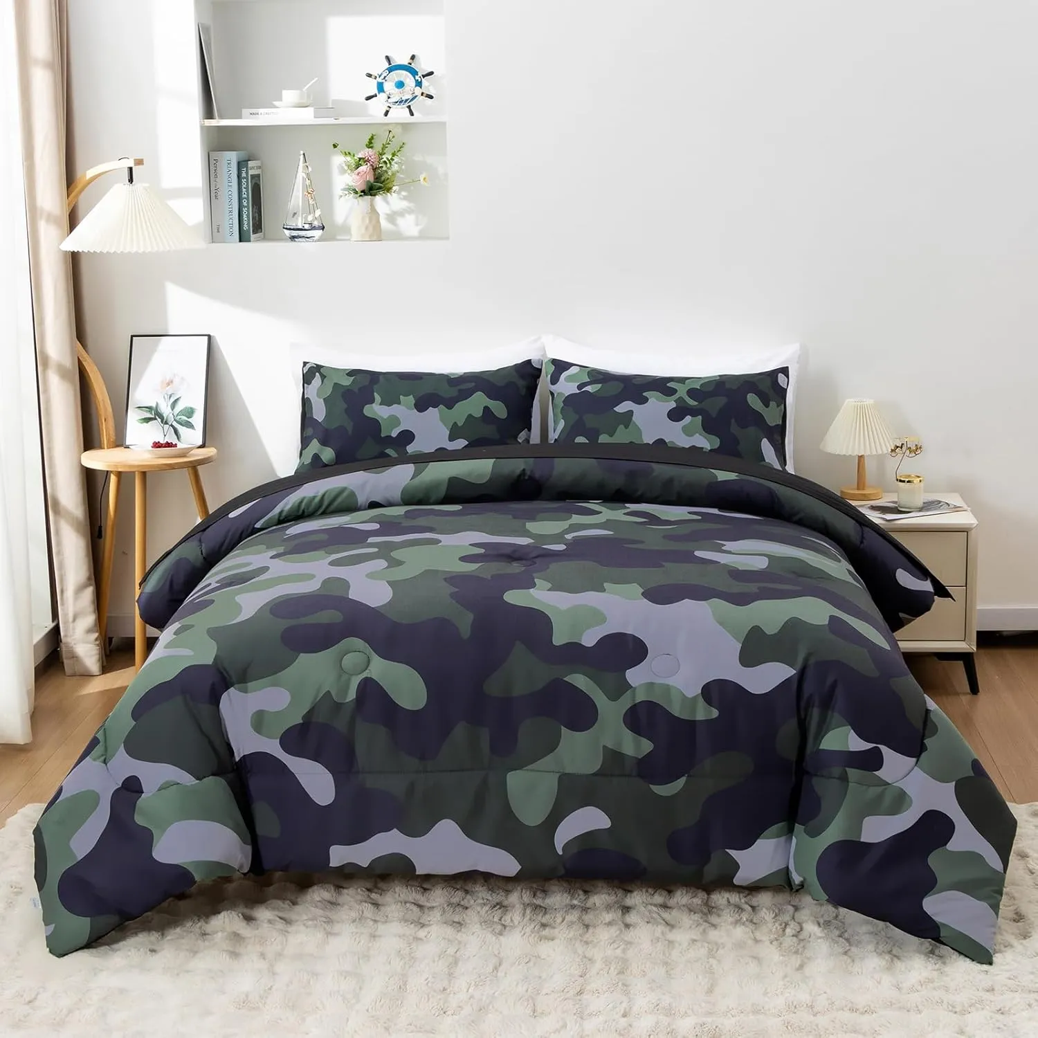 Holawakaka Twin Size Camouflage Bedding Comforter Set with Sheets,Boys Girls Men Camo Bed in A Bag 5 Pieces,Kids Teens Dorm Bed Sets Neutral Farmhouse Lodge Cabin Army Bedspread (Dark Green,Twin)
