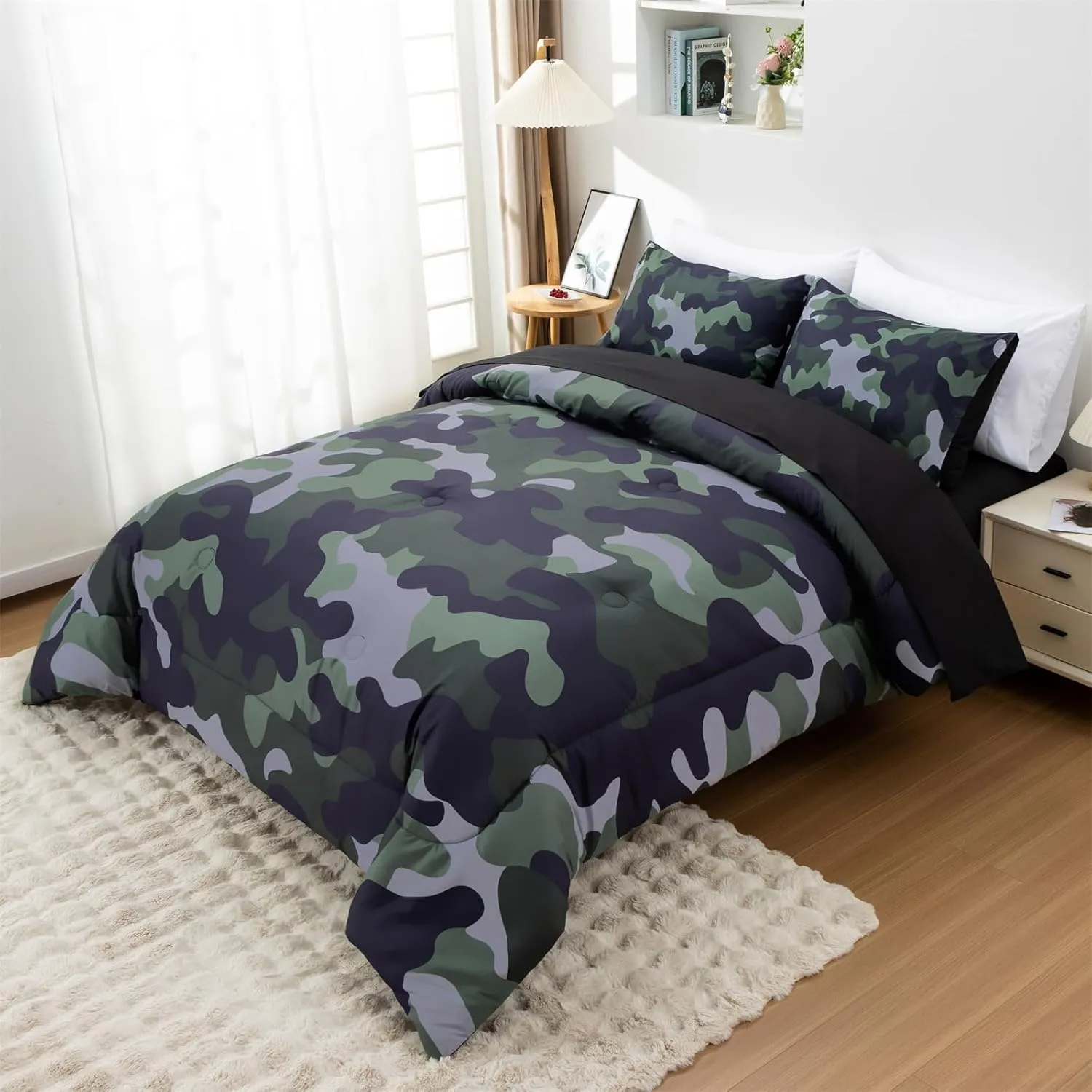 Holawakaka Twin Size Camouflage Bedding Comforter Set with Sheets,Boys Girls Men Camo Bed in A Bag 5 Pieces,Kids Teens Dorm Bed Sets Neutral Farmhouse Lodge Cabin Army Bedspread (Dark Green,Twin)