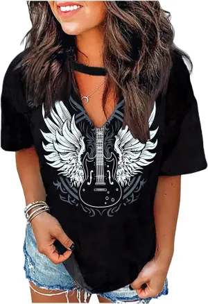 Hollow Out T Shirts for Women Western Graphic Shirts Country Cowgirls Shirts Casual Short Sleeve V Neck Tops