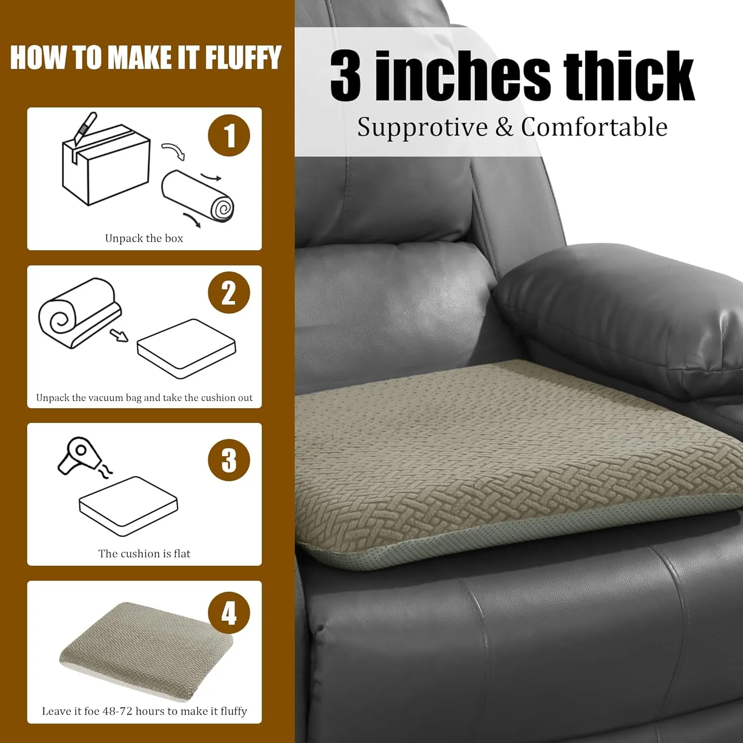 HOMBYS Tufted Furry Recliner Seat Cushion for Elderly Foam Curved Edge Large Square Seat Cushion for Recliner Chair, Floor Pillow, Office Chair, Car, No Pressure on Thighs, Coffee Color