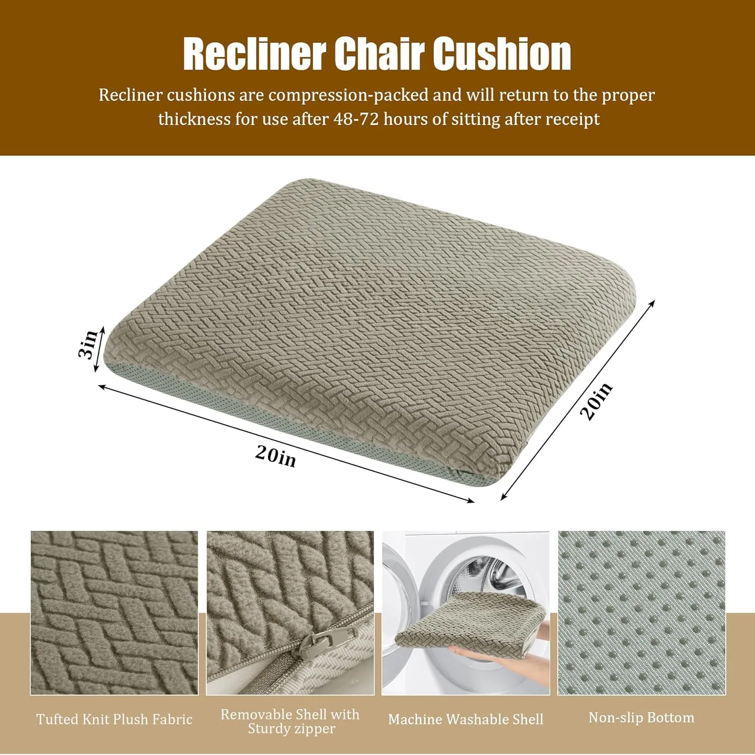 HOMBYS Tufted Furry Recliner Seat Cushion for Elderly Foam Curved Edge Large Square Seat Cushion for Recliner Chair, Floor Pillow, Office Chair, Car, No Pressure on Thighs, Coffee Color