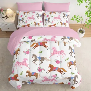 HOSIMA 7Pcs Kawaii Rose Horse Pink Comforter Set Queen,Cute Bed Sheets and Fitted Sheet for Girls Teens Aesthetic Room Decor,Colorful Pony Princess Bedding Queen Size Bed in a Bag with 4 Pillowcases.