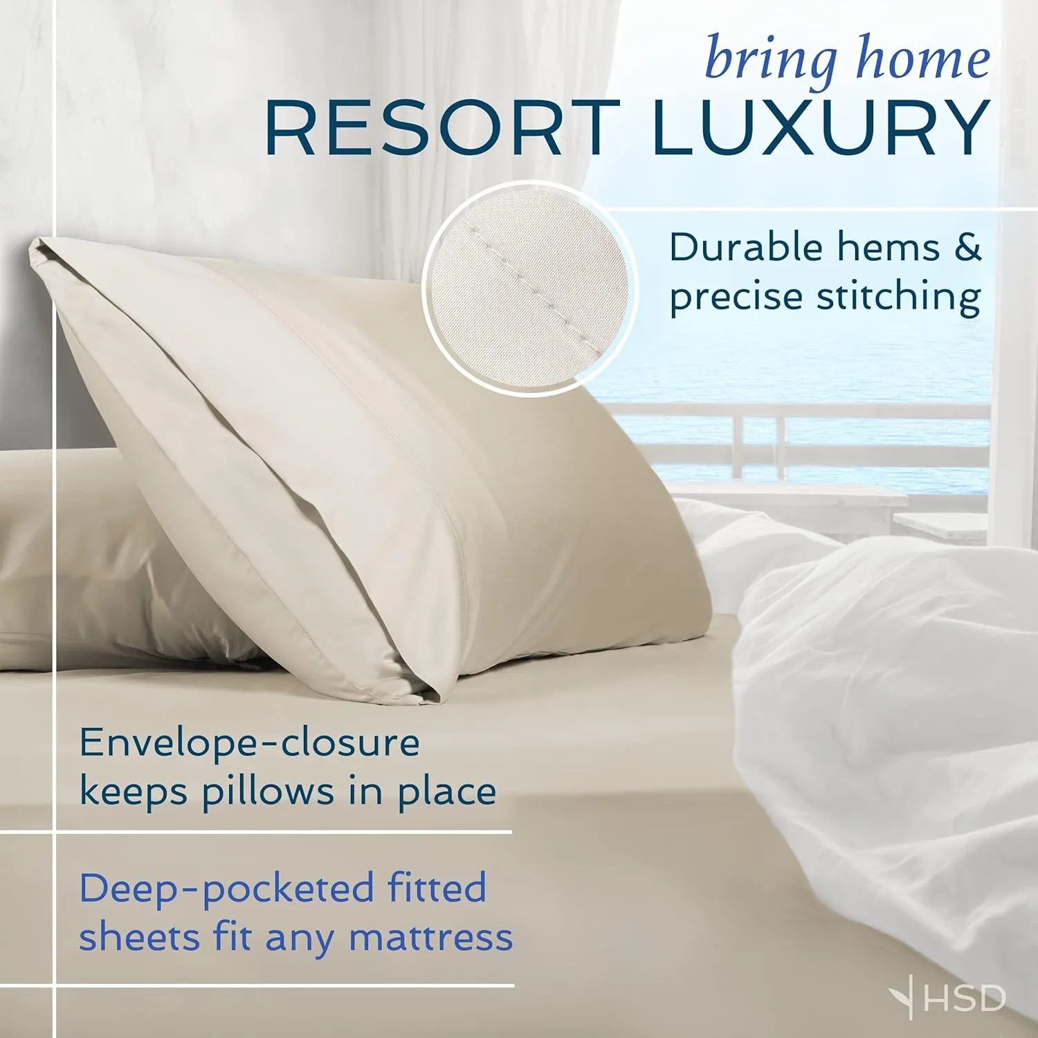Hotel Sheets Direct 4 Piece Bed Sheet Set Queen Size, 100% Viscose Derived from Bamboo Sheets Set with 2 Pillowcases, Cooling & Breathable Luxury Bedding, Moisture-Wicking & Silky Soft Texture, Sand