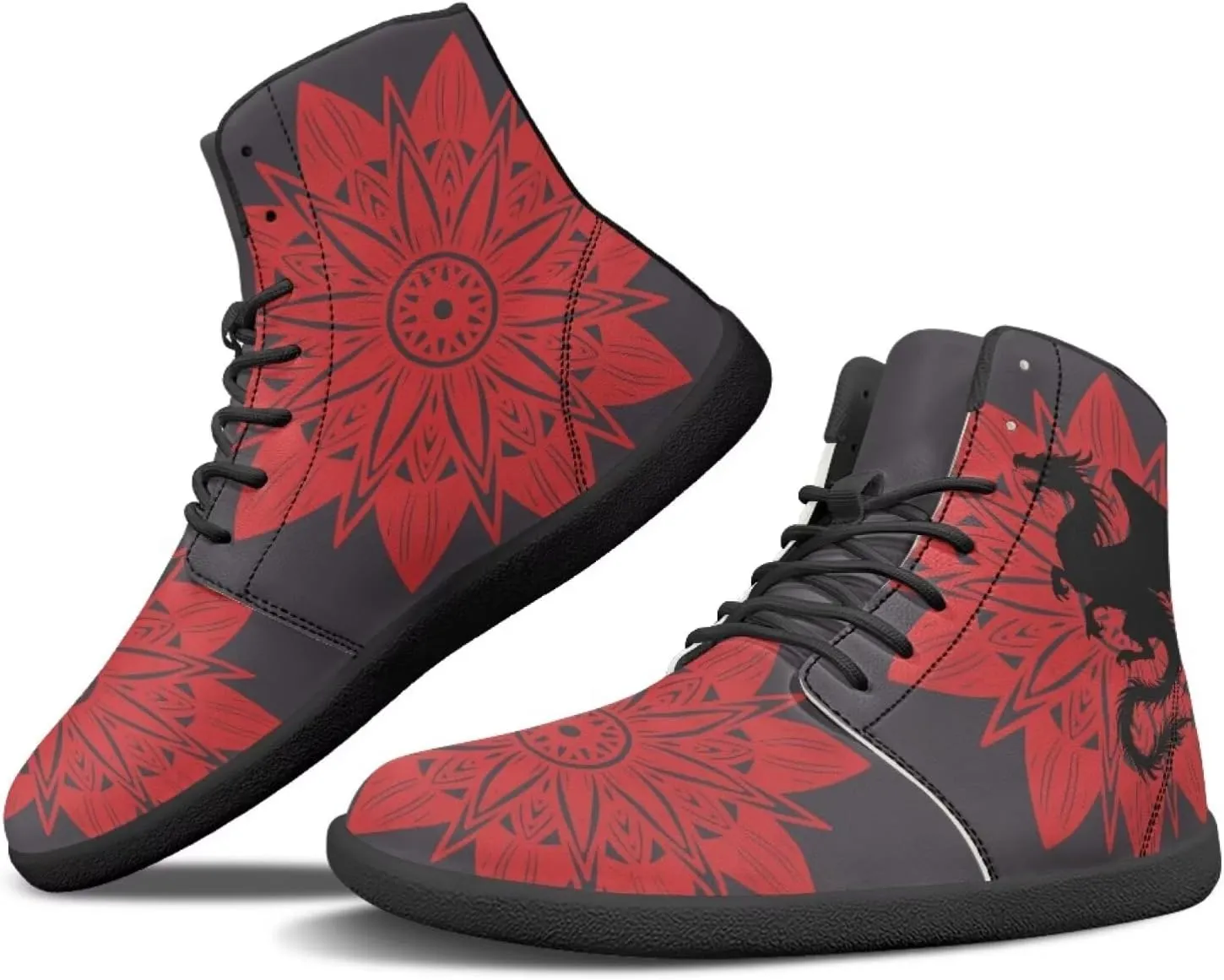 Howilath Boho Mandala Print High Top Sneakers Wide Barefoot Shoes Men Casual Minimalist Shoes with Zero Drop Sole