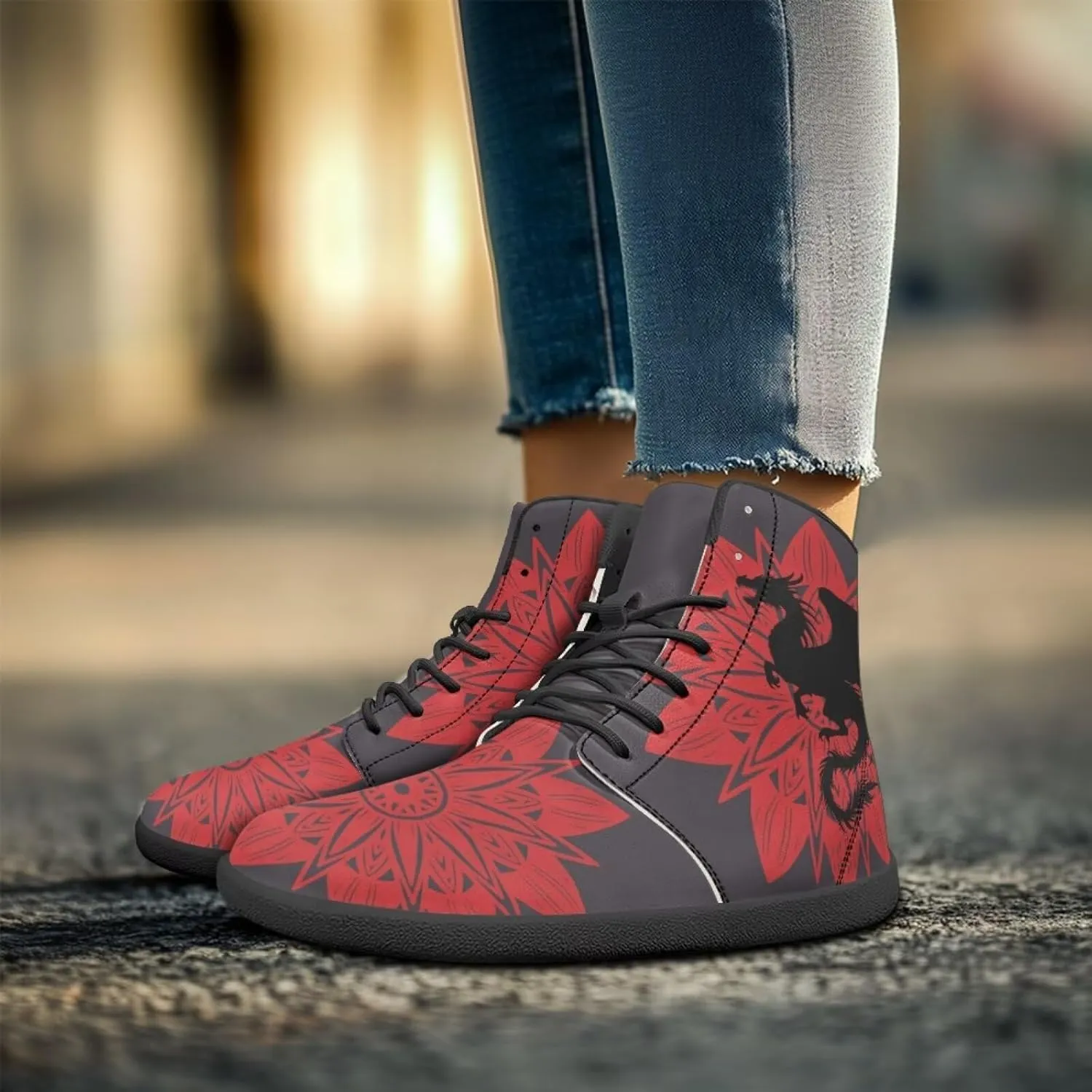 Howilath Boho Mandala Print High Top Sneakers Wide Barefoot Shoes Men Casual Minimalist Shoes with Zero Drop Sole