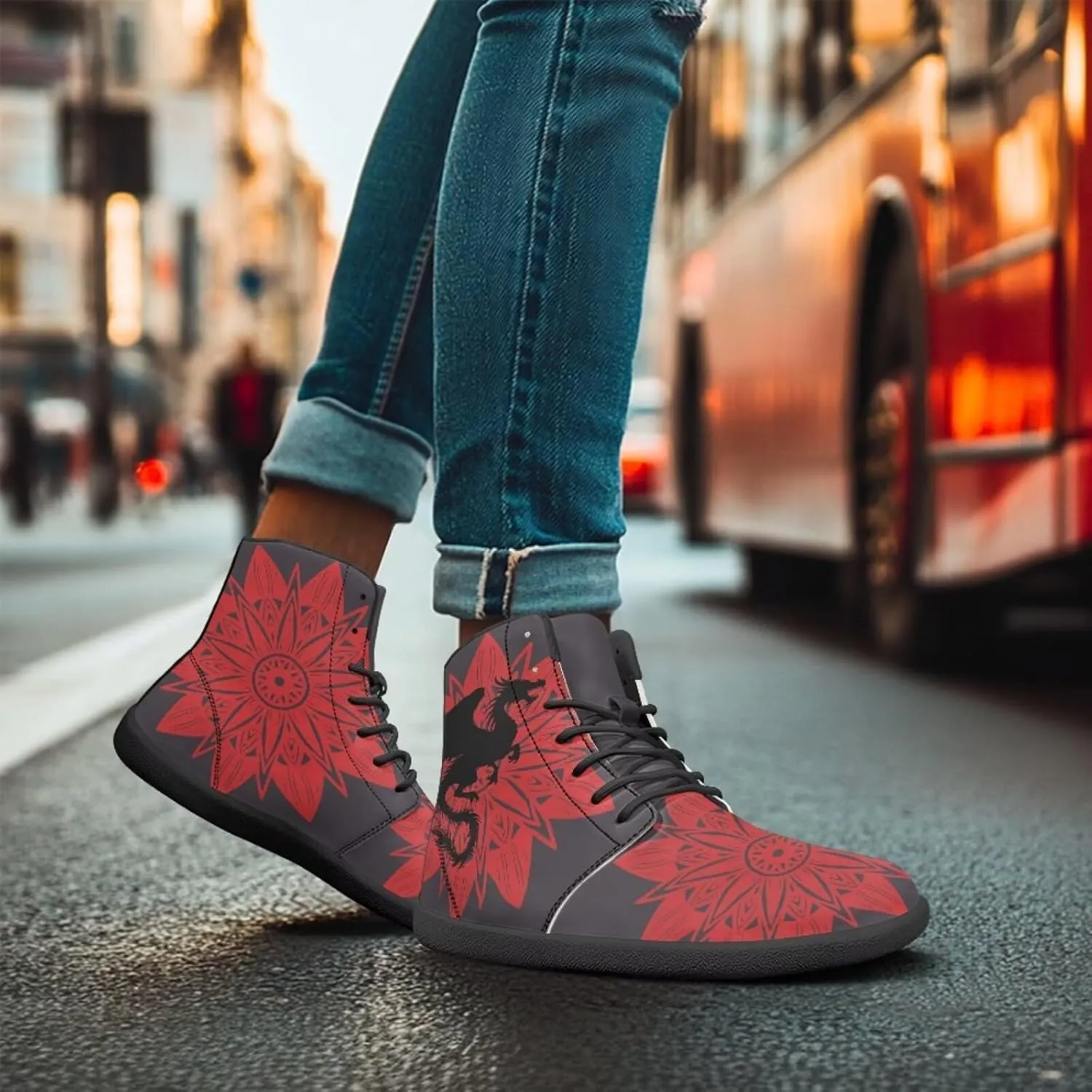 Howilath Boho Mandala Print High Top Sneakers Wide Barefoot Shoes Men Casual Minimalist Shoes with Zero Drop Sole