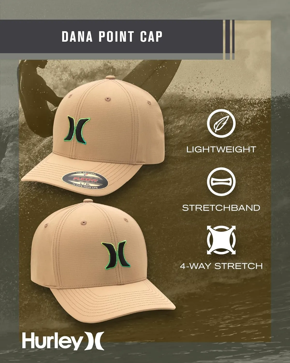 Hurley Men's Baseball Cap - Dana Point Cotton Ripstop Stretch Fitted Cap for Men with Gradient Embroidered Icon (Size: S-XL)