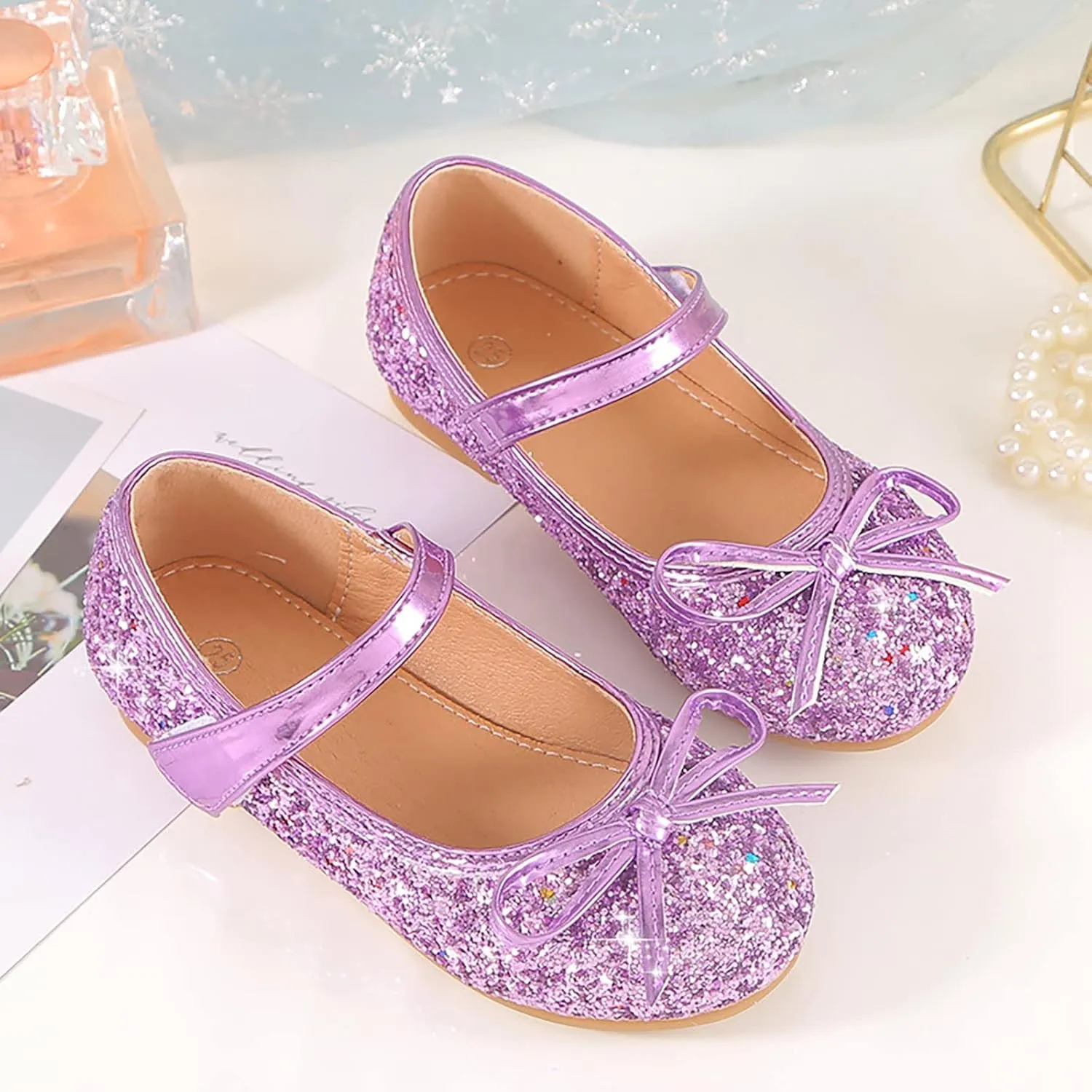 Kids Girl Glitter Flat Shoes Shiny Sandals Mary Jane Dress Shoes High Heels Shoe Bow Sequin Wedding Sandals
