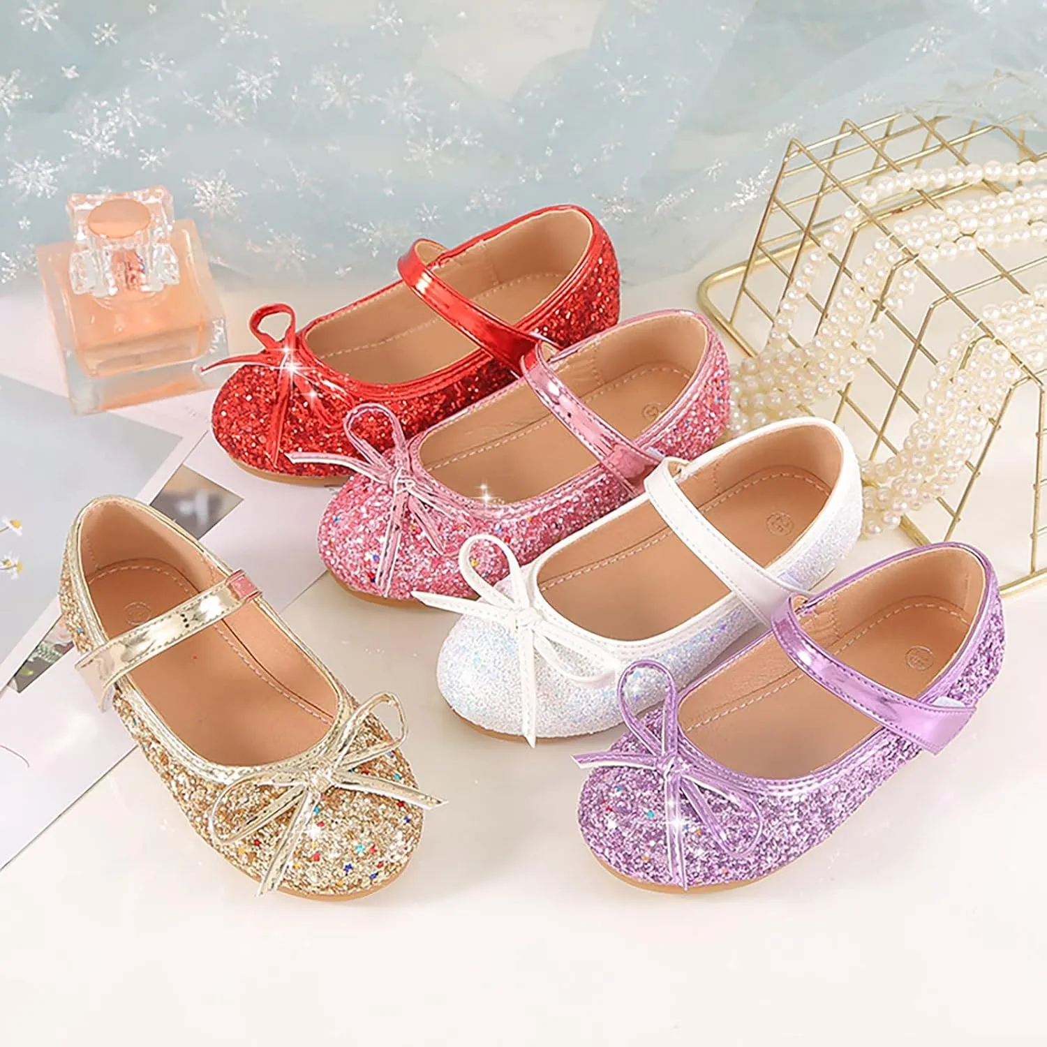 Kids Girl Glitter Flat Shoes Shiny Sandals Mary Jane Dress Shoes High Heels Shoe Bow Sequin Wedding Sandals