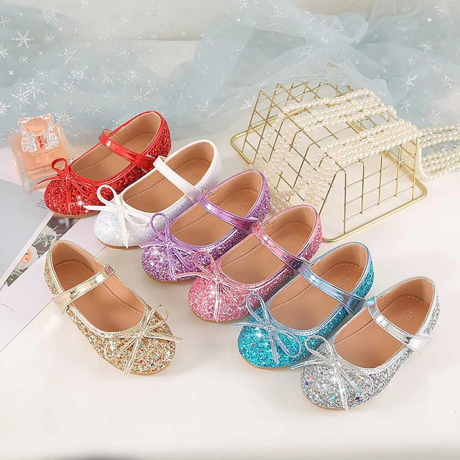 Kids Girl Glitter Flat Shoes Shiny Sandals Mary Jane Dress Shoes High Heels Shoe Bow Sequin Wedding Sandals