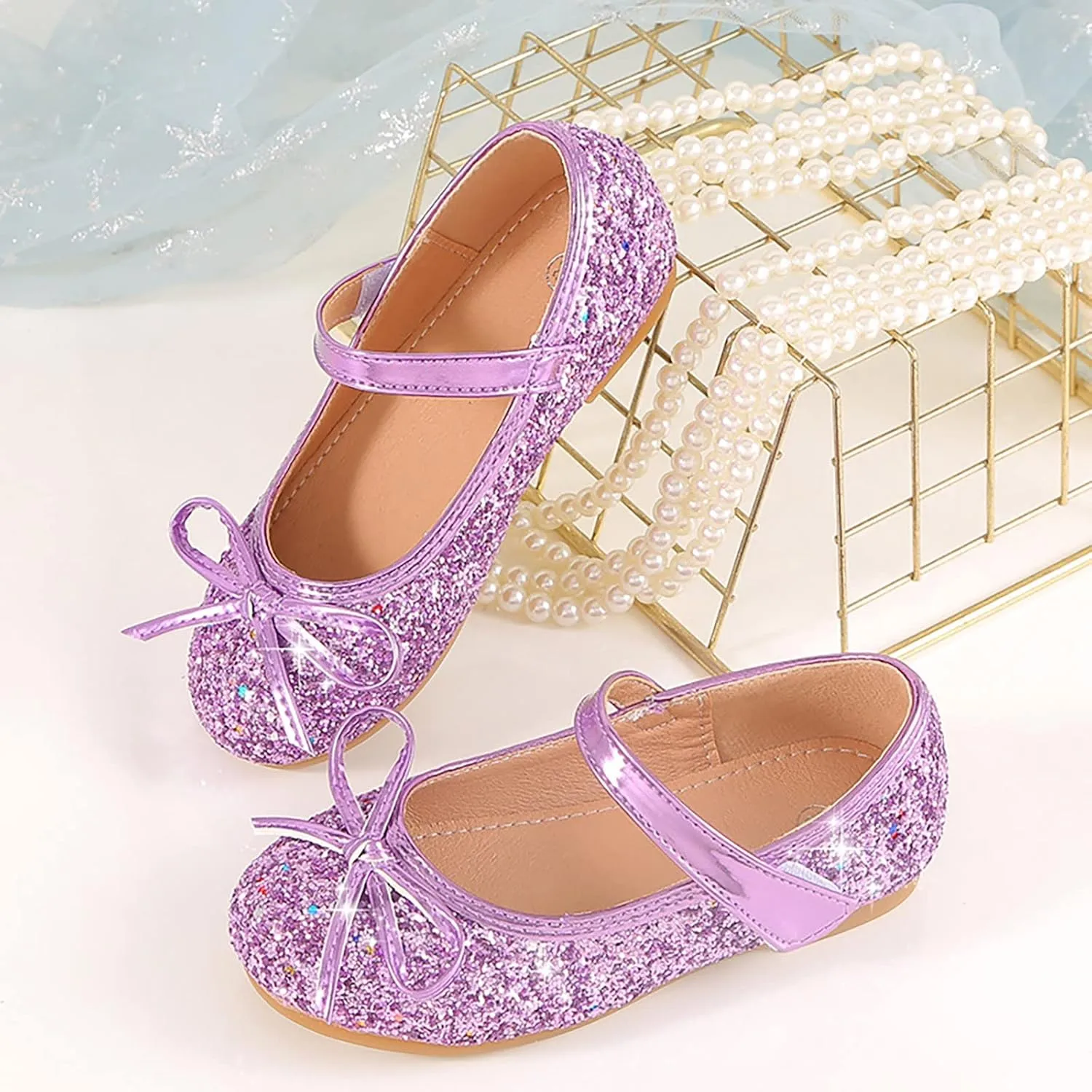 Kids Girl Glitter Flat Shoes Shiny Sandals Mary Jane Dress Shoes High Heels Shoe Bow Sequin Wedding Sandals