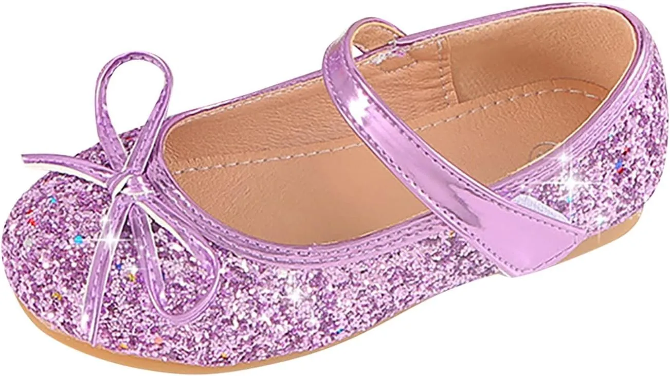 Kids Girl Glitter Flat Shoes Shiny Sandals Mary Jane Dress Shoes High Heels Shoe Bow Sequin Wedding Sandals
