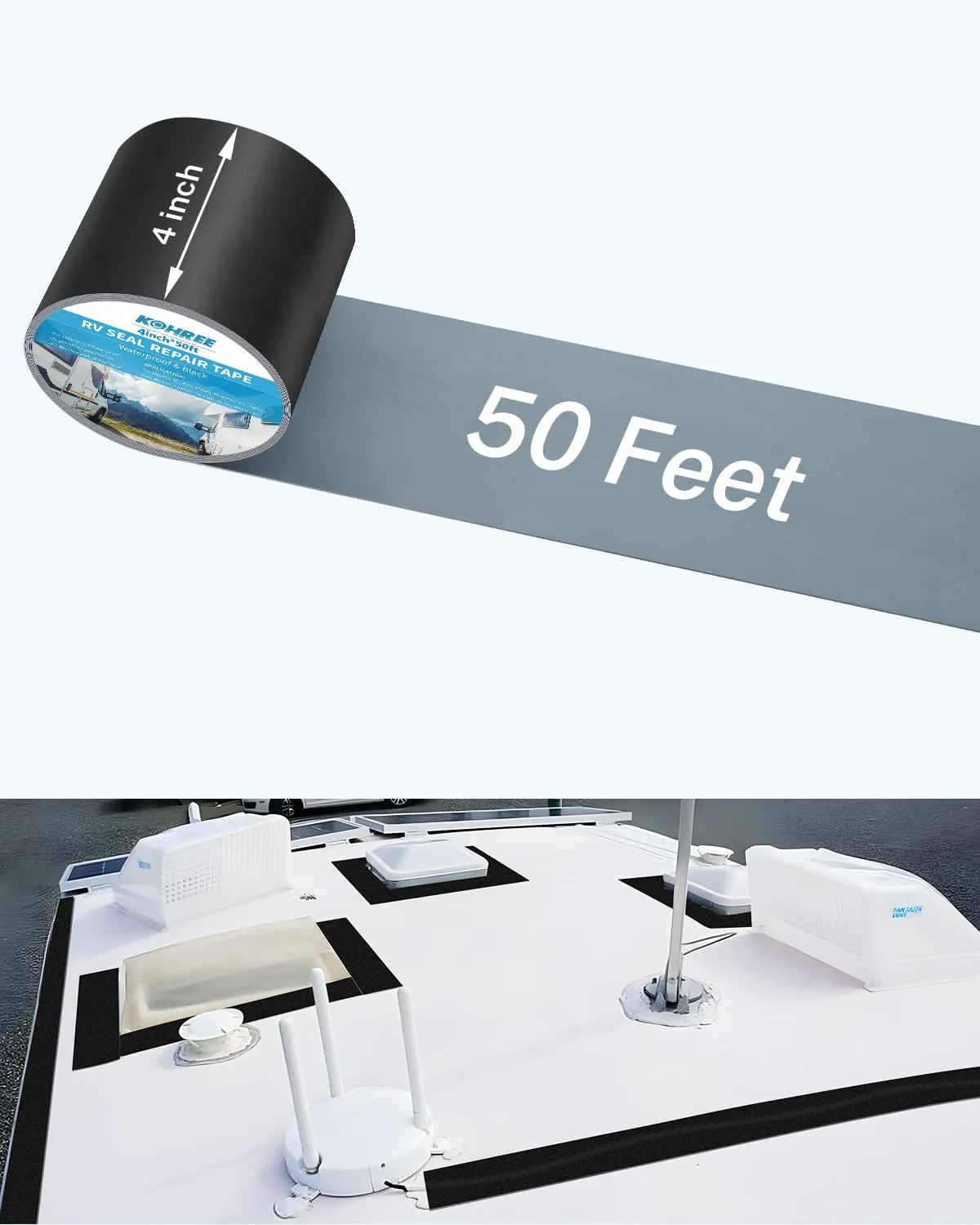 Kohree Butyl Sealant Tape, 4 Inch x 50 Foot RV Roof Tape Black, RV Sealant Waterproof Tape UV & Weatherproof Butyl Roofing Tape for RV Repair, Window, Boat Sealing, Truck Stop Camper Roof Leaks